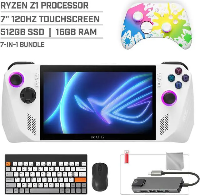 Main image of ASUS ROG Ally 512GB Gaming Handheld 7-inch Touchscreen 120Hz FHD 1080p AMD Ryzen Z1  Processor, Mytrix Inkjet Wireless Pro Controller, Hub, Keyboard & Mouse Combo, 7 in 1 Bundle