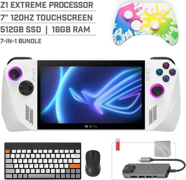 Main image of ASUS ROG Ally 512GB Gaming Handheld 7-inch Touchscreen 120Hz FHD 1080p AMD Ryzen Z1 Extreme Processor, Mytrix Inkjet Wireless Pro Controller, Hub, Keyboard & Mouse Combo, 7 in 1 Bundle