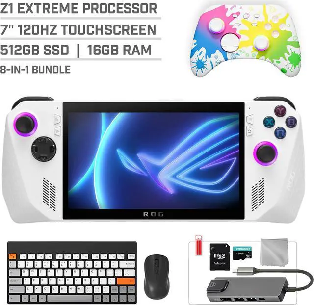 Main image of ASUS ROG Ally 512GB Gaming Handheld 7-inch Touchscreen 120Hz FHD 1080p AMD Ryzen Z1 Extreme Processor, Mytrix Inkjet Wireless Pro Controller, Hub, 128GB MicroSD, Keyboard & Mouse, 8 in 1 Bundle