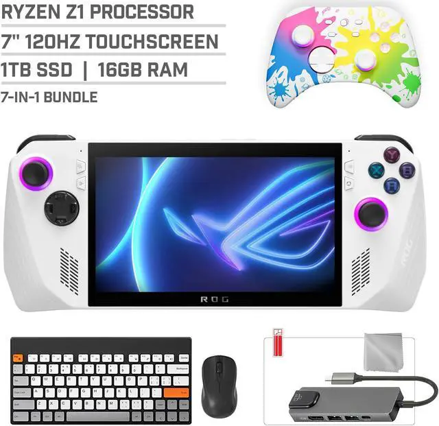 Main image of ASUS ROG Ally 1TB SSD Gaming Handheld 7-inch Touchscreen 120Hz FHD 1080p AMD Ryzen Z1 Processor, Mytrix Inkjet Wireless Pro Controller, Hub, Keyboard & Mouse Combo, 7 in 1 Bundle