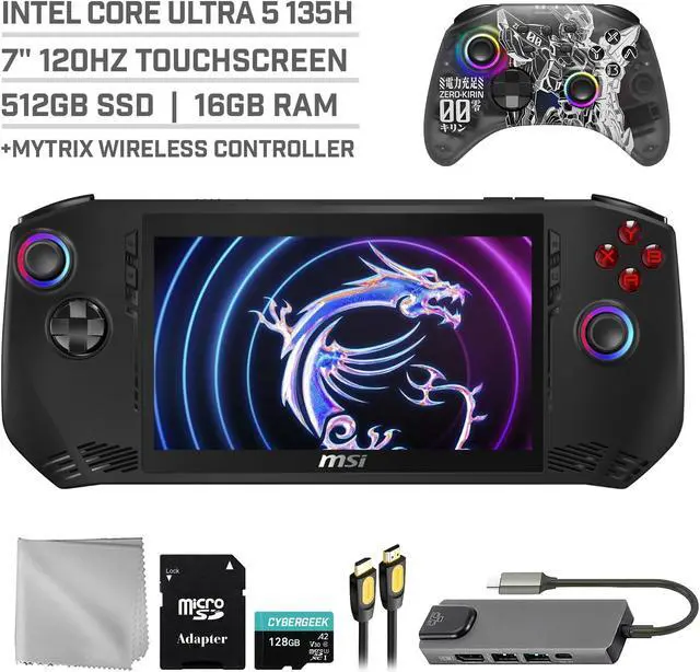Main image of MSI Claw A1M 512GB Gaming Handheld 7-inch Touchscreen 120Hz FHD 1080p Intel Core Ultra 5 Processor, Mytrix Zero-Kirin Wireless Pro Controller, Hub, 128GB MicroSD Card, 5 Accessories: 6 in 1 Bundle