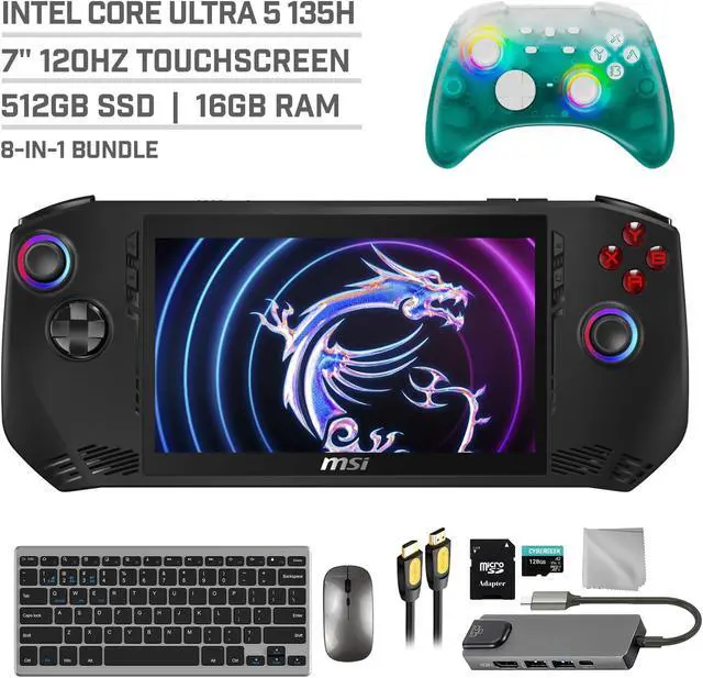 Main image of MSI Claw A1M 512GB Gaming Handheld 7-inch Touchscreen 120Hz FHD 1080p Intel Core Ultra 5 135H Processor, Mytrix Black Ice Wireless Pro Controller, Hub, 128GB MicroSD, Keyboard & Mouse, 8 in 1 Bundle