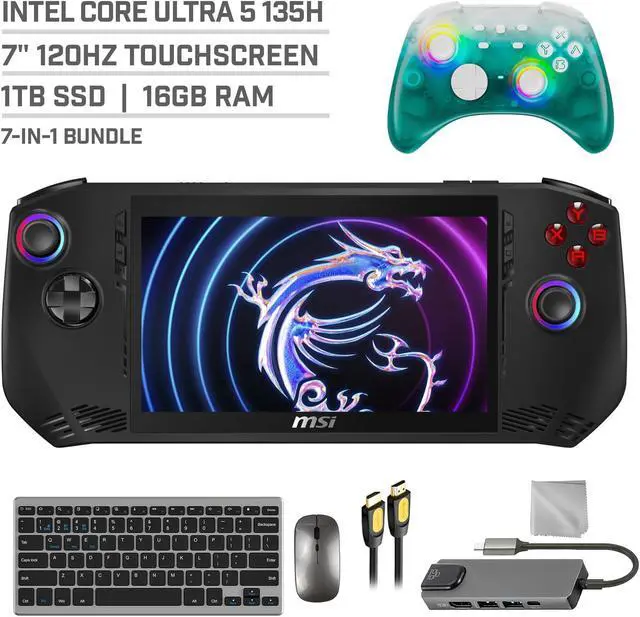 Main image of MSI Claw A1M 1TB SSD Gaming Handheld 7-inch Touchscreen 120Hz FHD 1080p Intel Core Ultra 5 135H Processor, Mytrix Black Ice Wireless Pro Controller, Hub, Keyboard & Mouse Combo, 7 in 1 Bundle