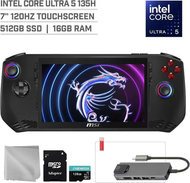 Main image of MSI Claw A1M 512GB Gaming Handheld 7-inch Touchscreen 120Hz FHD 1080p Intel Core Ultra 5 135H Processor, Mytrix Hub, 128GB MicroSD Card, 4 Accessories: 5 in 1 Bundle