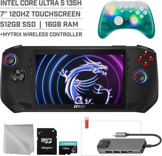 Main image of MSI Claw A1M 512GB Gaming Handheld 7-inch Touchscreen 120Hz FHD 1080p Intel Core Ultra 5 135H Processor, Mytrix Black Ice Wireless Pro Controller, Hub, 128GB MicroSD Card, 5 Accessories: 6 in 1 Bundle