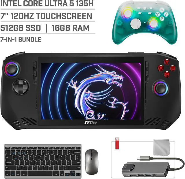 Main image of MSI Claw A1M 512GB Gaming Handheld 7-inch Touchscreen 120Hz FHD 1080p Intel Core Ultra 5 135H Processor, Mytrix Black Ice Wireless Pro Controller, Hub, Keyboard & Mouse Combo, 7 in 1 Bundle