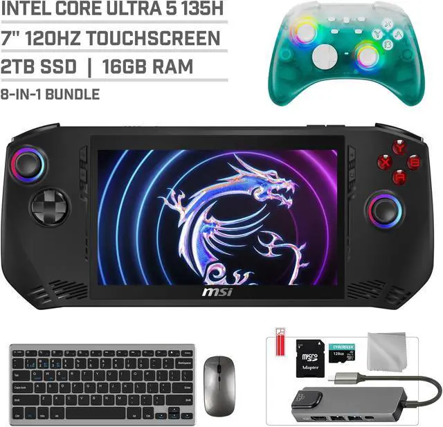 Main image of MSI Claw A1M 2TB SSD Gaming Handheld 7-inch Touchscreen 120Hz FHD 1080p Intel Core Ultra 5 135H Processor, Mytrix Black Ice Wireless Pro Controller, Hub, 128GB MicroSD, Keyboard & Mouse, 8 in 1 Bundle
