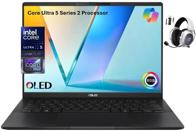 Main image of ASUS Vivobook S 14 OLED Laptop, WUXGA 600nits Display, Ultra 5 Series 2 226v AI Boost NPU (beats Ultra 7 155U), 16GB RAM, 512GB SSD, Copilot+, Thunderbolt 4, RGB Backlit, Wireless Headset, Win 11