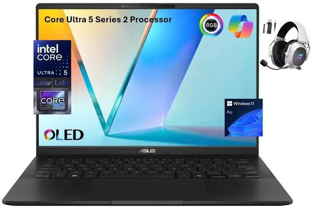 Main image of ASUS Vivobook S 14 OLED Laptop, WUXGA 600nits Display, Ultra 5 Series 2 226v AI Boost NPU (beats Ultra 7 155U), 16GB RAM, 1TB SSD, Copilot+, Thunderbolt 4, RGB Backlit, Wireless Headset, Win 11 Pro