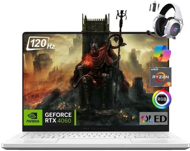 Main image of ASUS ROG Zephyrus G14 4060 Gaming Laptop, 14" OLED 3K 120Hz Display, AMD 8-Core Ryzen 9 8945HS AI Processor, NVIDIA RTX 4060, 16GB DDR5 RAM, 1TB SSD, RGB Backlit, Gaming Headset, Win 11