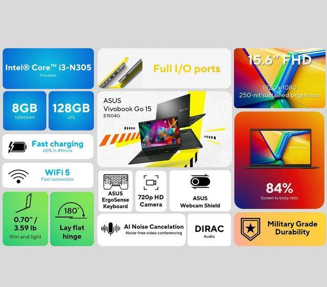Alt view image 2 of 7 - ASUS Vivobook Go 15.6 FHD Laptop, 8-Core Intel i3 Processor, 8GB RAM, 128GB storage, WiFi & BT, NanoEdge Display, Fast Charge, Keypad, Webcam, USB-C, HDMI, Microsoft 365 Office Lifetime, Win 11
