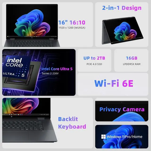 Alt view image 3 of 7 - HP 2025 New 2-in-1 Laptop, OmniBook X Flip 16" Touchscreen WUXGA Display, Intel Core Ultra 5 226V, Intel Arc 130V GPU, 16GB LPDDR5X, 512GB Gen 4 SSD, Copilot AI, w/ Microsoft Surface Pen, Win 11 Home
