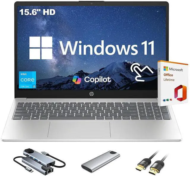 Main image of HP 2025 New 15.6" HD Touchscreen Laptop, Intel i3-1315U, 32GB RAM, 1TB SSD + 256GB Portable SSD, AI Copilot, Office Lifetime, Bundle with Docking Station & HDMI, For Business & Student, Windows 11