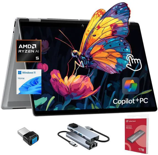 Main image of HP OmniBook X Flip Copilot+ PC Laptop Computer, 2-in-1 16" FHD Touchscreen Laptop, AMD Ryzen AI 5, 16GB RAM, 512GB SSD + 1TB Portable SSD, USB Fingerprint Reader, USB Hub, Backlit Keyboard, Win 11
