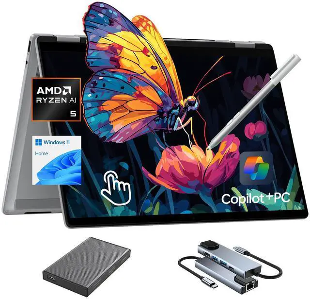 Main image of HP OmniBook X Flip Copilot+ PC Laptop Computer, 2-in-1 16" Touchscreen Laptop, AMD Ryzen AI 5, 16GB RAM, 512GB SSD + 500GB Portable HDD, with Microsoft Surface Pen, USB Hub, WiFi 6, Win 11