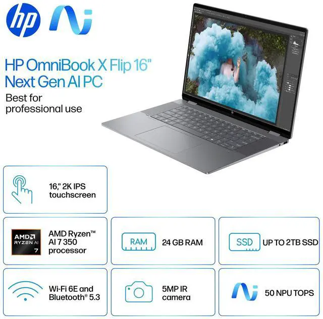 Alt view image 2 of 7 - HP 2025 New Envy x360 2-in-1 Laptop, OmniBook X Flip 16" Touchscreen 2K IPS Display, AMD Ryzen AI 7 350, 24GB LPDDR5X RAM, 1TB Gen 4 SSD, Copilot AI, WiFi 6E, w/Microsoft Surface Pen, Win 11 Pro