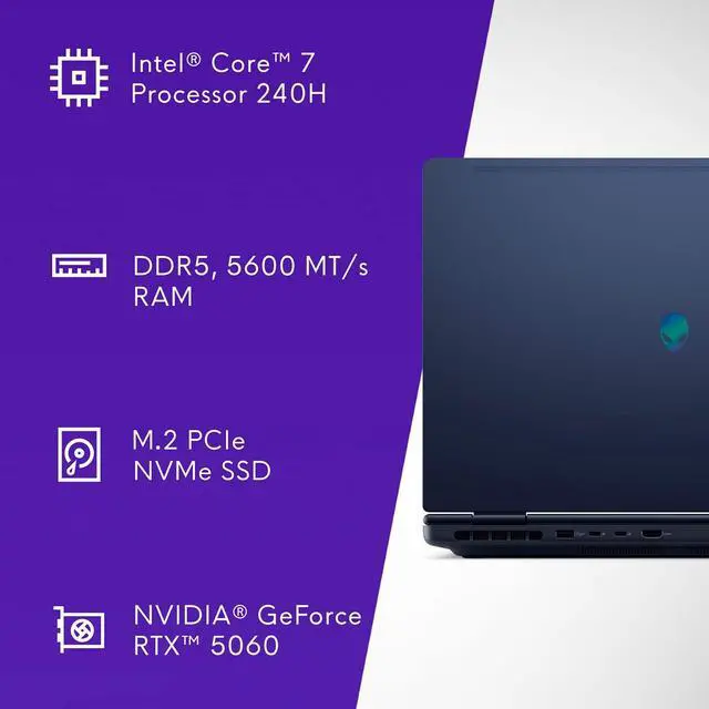 Alt view image 2 of 7 - Alienware 16 Aurora Laptop, 16" WQXGA 120Hz Display, Intel Core 7-240H Series 2, NVIDIA GeForce RTX 5060 8GB GDDR7, 64GB DDR5 RAM, 4TB PCIe 4.0 SSD, Wi-Fi 7, Win 11 Pro, w/Gaming Accessory - Blue