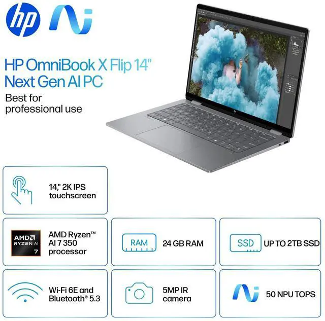 Alt view image 2 of 7 - HP 2025 New Envy x360 2-in-1 Laptop, OmniBook X Flip 14" Touchscreen 2K IPS Display, AMD Ryzen AI 7 350, 24GB LPDDR5X RAM, 2TB Gen 4 SSD, Copilot AI, WiFi 6E, w/Microsoft Surface Pen, Win 11 Home