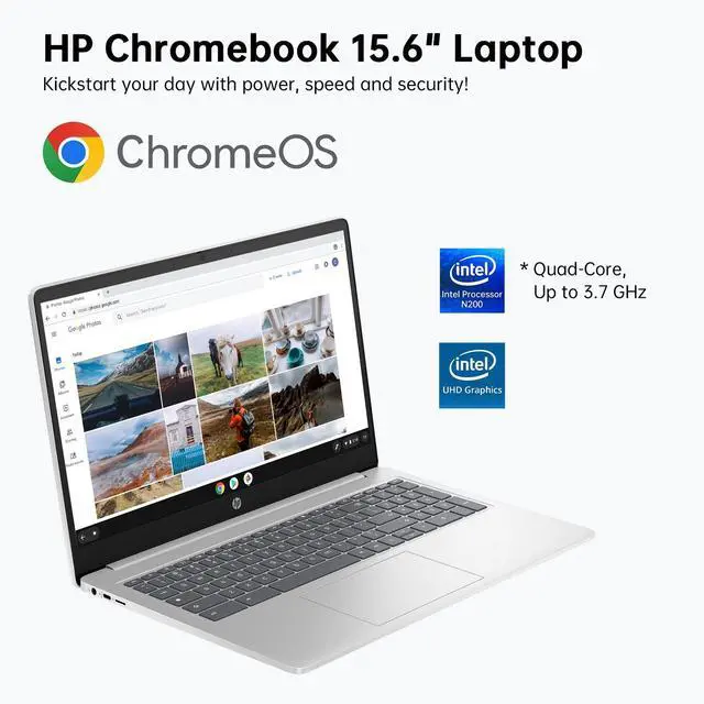 Alt view image 3 of 6 - HP Chromebook 15.6" Lightweight Laptop, 4-Core Intel Processor N200 (Beats N6000), 8GB LPDDR5 RAM, 64GB eMMC Storage + 128GB MicroSD card, Numeric Keypad, Wi-Fi 6, Hub+USB-C to HDMI Cable, Chrome OS