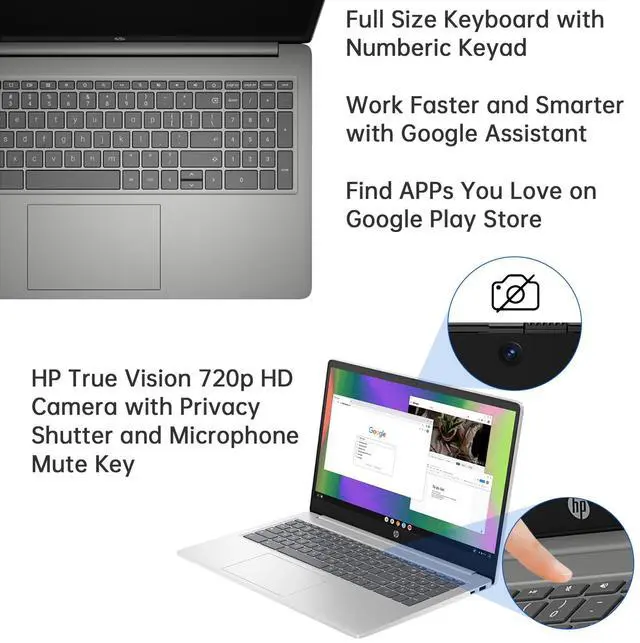 Alt view image 5 of 7 - HP Chromebook 15.6 inch Laptop for Students, 15.6" HD Display, Intel N200 Processor (Up to 3.7GHz) , 8GB LPDDR5, 64GB eMMC+128GB MicroSD card, Numeric Keypad, Privacy Camera, Wi-Fi 6, Chrome OS