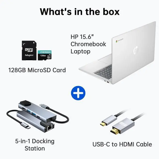 Alt view image 2 of 6 - HP Chromebook 15.6" Lightweight Laptop, 4-Core Intel Processor N200 (Beats N6000), 8GB LPDDR5 RAM, 64GB eMMC Storage + 128GB MicroSD card, Numeric Keypad, Wi-Fi 6, Hub+USB-C to HDMI Cable, Chrome OS
