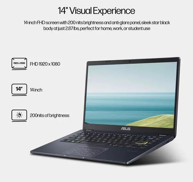 Alt view image 2 of 6 - ASUS Vivobook Go 14 Laptop for Student, 14 FHD Display, Intel Celeron, 4GB RAM, 128GB eMMC + 1TB Portable SSD, 1-Year of Microsoft 365, Wi-Fi & BT, Webcam, NumberPad, HDMI, 5-in-1 Hub, Win 11 Home