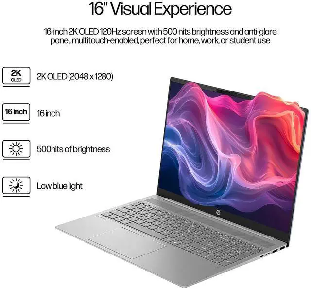 Alt view image 4 of 7 - HP OmniBook 7 16" Touchscreen Laptop - Intel Core Ultra 7 255H, 2K OLED 120Hz Display, 32GB RAM, 2TB SSD, AI Camera, Wi-Fi 7, Backlit Keyboard, Bundle With Mytrix Cooling Pad Assy, Windows 11 Pro