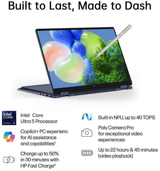 Alt view image 4 of 7 - HP Omnibook X Flip 2 in 1 14 2K Touchscreen Laptop, Convertible Laptop 16GB DDR5 RAM 512GB SSD, Intel Core Ultra 5, Intel Arc 130V GPU, Thunderbolt 4, Windows 11 Pro, Office 365 with Microsoft Pen