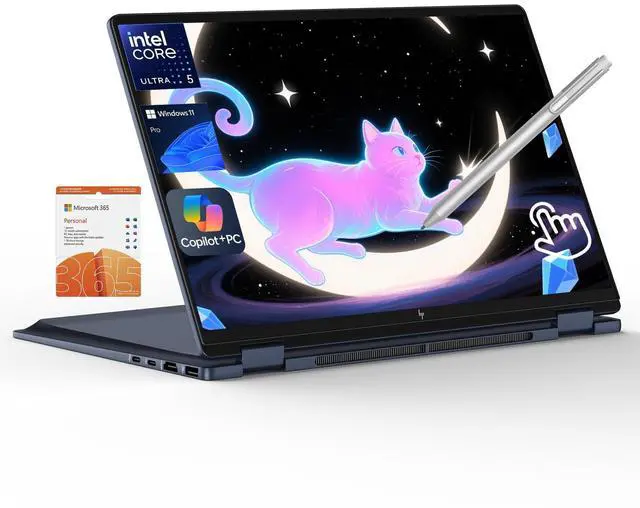 Main image of HP Omnibook X Flip 2 in 1 14 2K Touchscreen Laptop, Convertible Laptop 16GB DDR5 RAM 512GB SSD, Intel Core Ultra 5, Intel Arc 130V GPU, Thunderbolt 4, Windows 11 Pro, Office 365 with Microsoft Pen