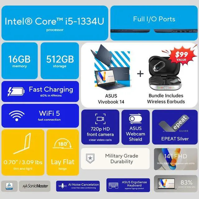 Alt view image 2 of 7 - ASUS Vivobook 14" FHD Laptop, Intel Core i5-1334U, 16GB RAM 512GB SSD, NumberPad, Long Battery Life, Private Webcam, Student Business Laptop Bundle, Windows 11 Pro, Quiet Blue