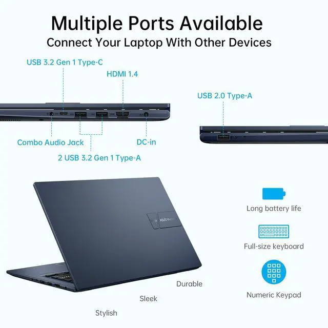 Alt view image 7 of 7 - ASUS Vivobook 14" FHD Laptop, Intel Core i5-1334U, 40GB RAM 1TB SSD, NumberPad, Long Battery Life, Private Webcam, Student Business Laptop Bundle, Windows 11, Quiet Blue