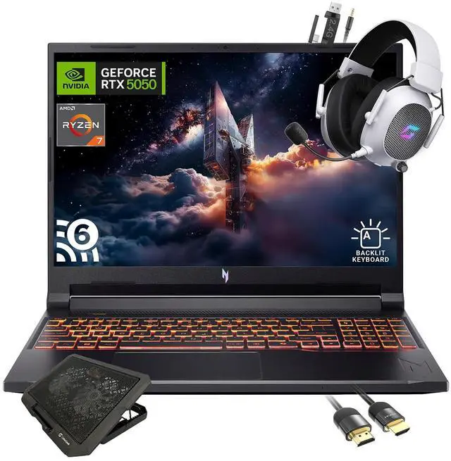 Main image of Acer Nitro V 16" WUXGA Gaming Laptop, AMD Ryzen 7 260 8-Core, NVIDIA GeForce RTX 5050, WUXGA 180Hz IPS, 32GB RAM, 2TB SSD, WiFi 6, Backlit Keyboard, w/ Mytrix Cooling Pad HDMI Cable, Windows 11