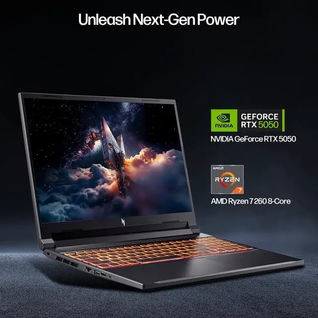 Alt view image 6 of 7 - Acer Nitro V 16 Laptop, 16" WUXGA Display, NVIDIA GeForce RTX 5050, AMD Ryzen 7 260 8-Core, 64GB RAM, 2TB SSD, WiFi 6, Backlit Keyboard, with Mytrix Assy HDMI Cable Office Lifetime, Windows 11