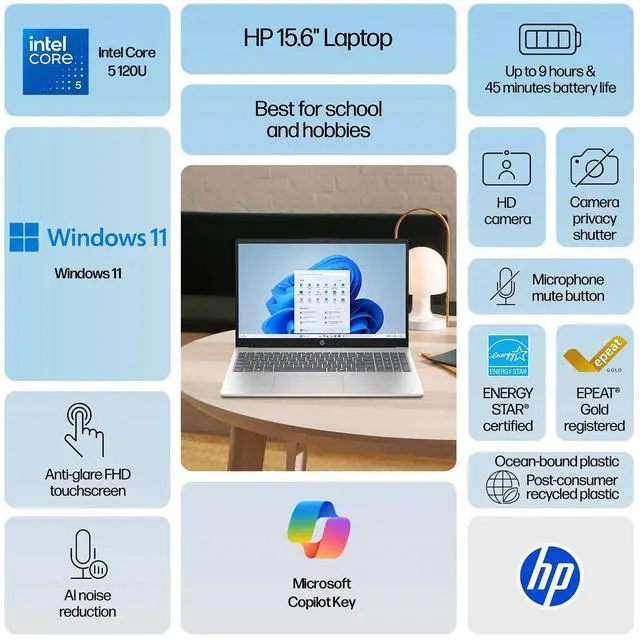 Alt view image 3 of 7 - HP 15.6 inch Touchscreen Laptop Computer, 10-Core Intel Core 5 120U, 15.6" FHD IPS Display, 8GB RAM, 512GB SSD, Copilot AI, Privacy Camera, 2019 Office Lifetime+Stylus Pen+USB Hub, Windows 11 Home