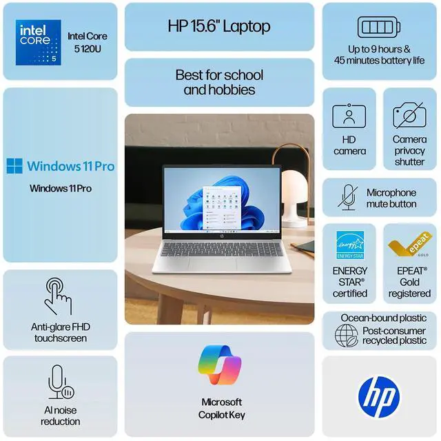 Alt view image 3 of 7 - HP 15.6 inch Touchscreen Laptop Computer, 10-Core Intel Core 5 120U, 15.6" FHD IPS Display, 32GB RAM, 2TB SSD, Copilot AI, Privacy Camera, 2019 Office Lifetime+Stylus Pen+USB Hub, Windows 11 Pro