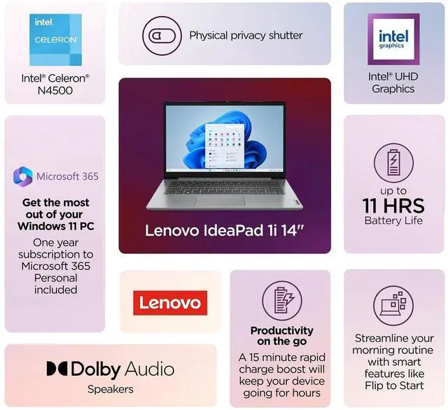 Alt view image 2 of 7 - Lenovo IdeaPad 1 1i 14" Laptop with 1-year Microsoft 365, Intel Processor, 12GB RAM, 128GB eMMC + 1TB SSD, SD Card Reader, Privacy Camera, 11 hrs Long Battery Life, with Accessories, Win 11 Home