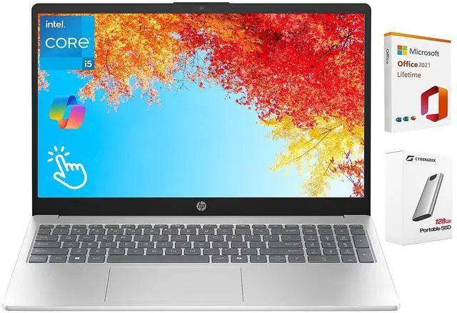 Main image of HP 15.6" Business Laptop with Lifetime Office, Intel Core i5-1334U, 15.6" FHD IPS Touchscreen Display, 16GB RAM, 512GB SSD, Copilot, Intel Iris Xe Graphics, 128GB Portable SSD, Windows 11 Pro
