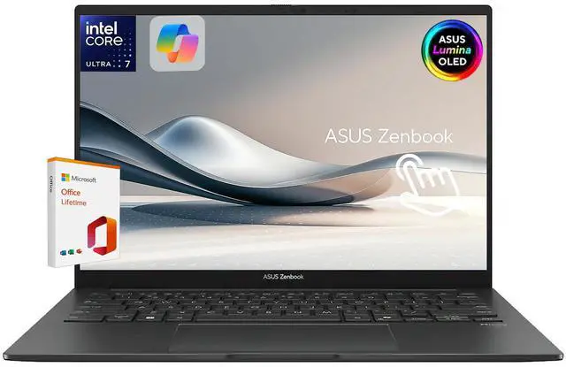 Main image of ASUS Zenbook 14 Wuxga OLED Touchscreen Laptop, Intel 16-Core Ultra 7 255H Processor, Intel Arc GPU, 16GB LPDDR5 RAM 512GB SSD, Backlit, Thunderbolt 4, WiFi 7, Windows 11 Pro with Lifetime MS Office