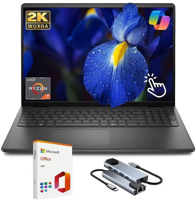 Main image of Dell 16 Touchscreen Laptop, AMD Ryzen 7 250, 16Wuxga Display, 16GB DDR5 RAM 512GB SSD, Lifetime MS Office 2021, Backlit, Keyboard, Laptop for Business & Creator, Windows 11 Pro with Accessory