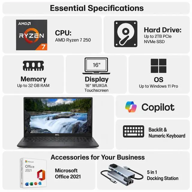 Alt view image 2 of 7 - Dell 16 Touchscreen Laptop, AMD Ryzen 7 250, 16Wuxga Display, 16GB DDR5 RAM 512GB SSD, Lifetime MS Office 2021, Backlit, Keyboard, Laptop for Business & Creator, Windows 11 Pro with Accessory