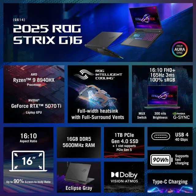 Alt view image 2 of 7 - ASUS ROG Strix G16 Gaming Laptop, 16 FHD+ 165Hz/3ms, GeForce RTX 5070Ti 12GB GDDR7, AMD Ryzen 9 8940HX, 16GB DDR5-5600, 1TB PCIe Gen 4 SSD, Wi-Fi 6E, Win11 Home,RGB Backlit KB,w/Lifetime Office