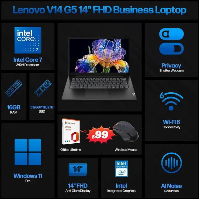 Alt view image 2 of 7 - Lenovo V14 G5 14" FHD Business Laptop, Intel Core 7 240H, 16GB LPDDR5x RAM, 1TB PCIe SSD, Windows 11 Pro, Lifetime Office 2019 Bundle, for Office & Travel, Black