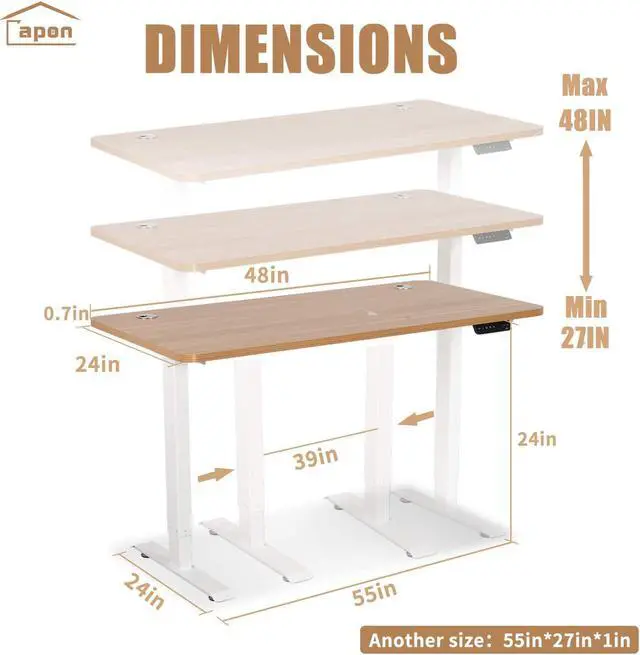Alt view image 5 of 7 - Standing Desk for Home Office, Adjustable Height Desk, 48 x 24 inch Capon Sitting and Standing Dual Motorized Gaming Desk, One Piece Top Electric Stand Up Desk, Natural