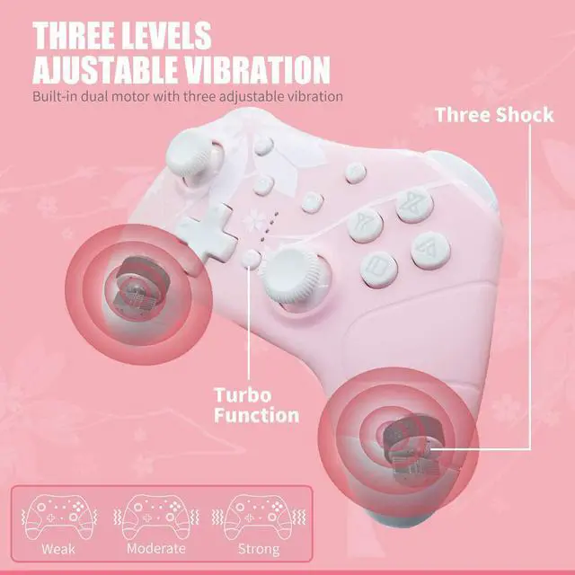 Alt view image 4 of 7 - Wireless Controller for Nintendo Switch/Lite, Mytrix Wireless Pro Controllers with Auto-Fire Turbo, Motion Control, Wake-Up, Headphone Jack, Adjustable Vibration, Sakura Cherry Blossoms Pink