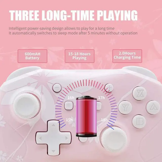 Alt view image 6 of 7 - Wireless Controller for Nintendo Switch/Lite, Mytrix Wireless Pro Controllers with Auto-Fire Turbo, Motion Control, Wake-Up, Headphone Jack, Adjustable Vibration, Sakura Cherry Blossoms Pink