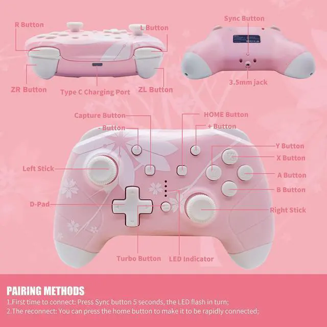 Alt view image 5 of 7 - Wireless Controller for Nintendo Switch/Lite, Mytrix Wireless Pro Controllers with Auto-Fire Turbo, Motion Control, Wake-Up, Headphone Jack, Adjustable Vibration, Sakura Cherry Blossoms Pink