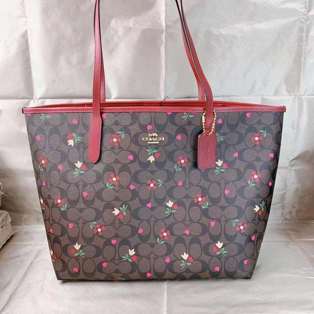Coach Brown/Pink Floral Print Coated Canvas Reversible City Tote
