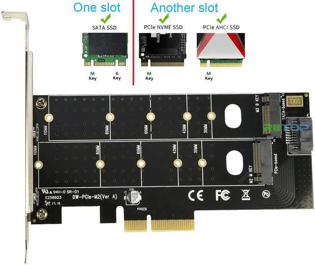 Alt view image 2 of 7 - M.2 NGFF to Desktop PCIe x4 x8 x16 Adapter Card, RIITOP NVMe SATA Dual SSD PCI Express Adapter Card Support 110mm, 80mm, 60mm, 42mm, 30mm SSD