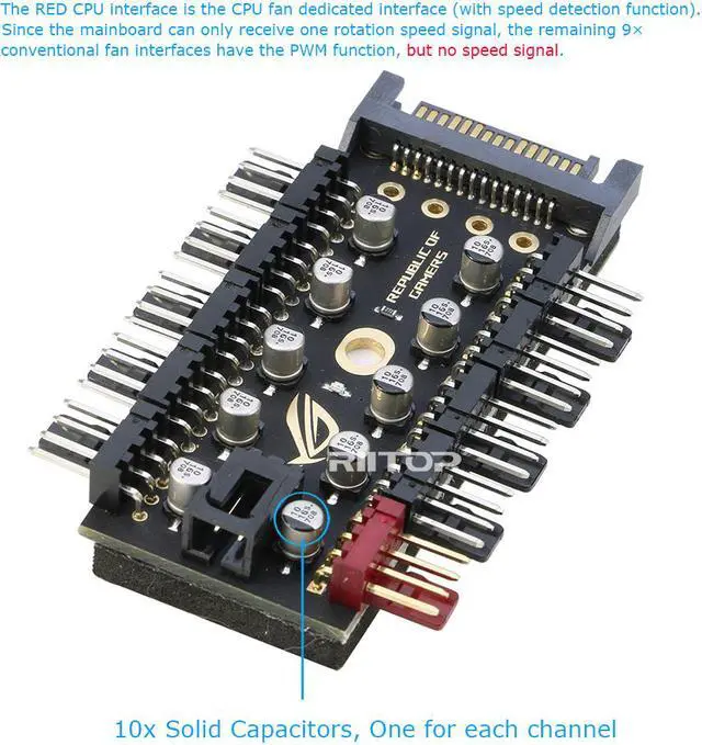 Alt view image 5 of 6 - RIITOP PWM Fan rgb Splitter Controller Hub 1 to 10 Ports for CPU Fan, PC Case Chasis Cooling Fan 4pin 3Pin, Powered by SATA 15pin