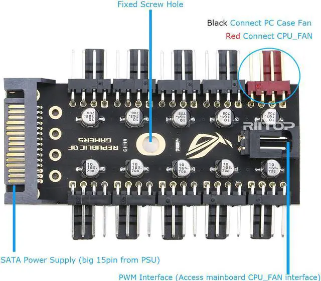 Alt view image 6 of 6 - RIITOP PWM Fan rgb Splitter Controller Hub 1 to 10 Ports for CPU Fan, PC Case Chasis Cooling Fan 4pin 3Pin, Powered by SATA 15pin